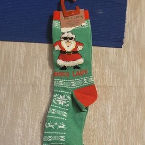 Source Unknown Green Crew Socks with Red Accents - 'Boss Lady' Santa Graphic